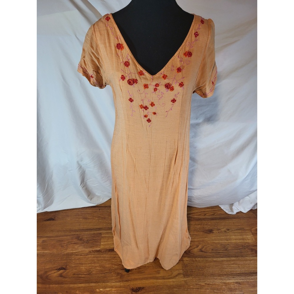 Vintage Pudding Shop Coral Pink Orange Size M Floral Embroidered‎ Maxi Dress